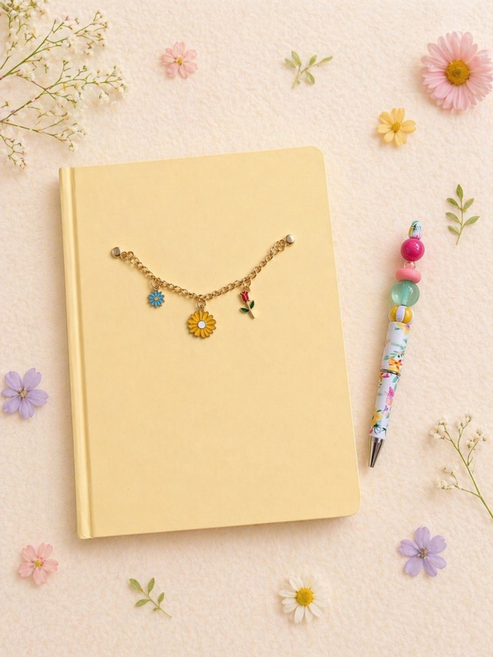Handmade adorable flower beaded pen with Floral Charm yellow hardcover notebook